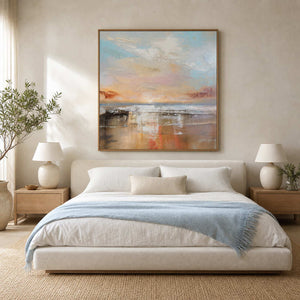 Abstract Landscape Wall Art displayed in a refined bedroom.