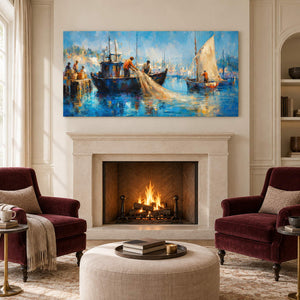 Hand-painted harbor scene with fishermen, sailboats, and luminous blue water, displayed beside or above a fireplace without an outer frame.