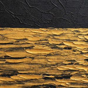 Close-up of Night's Gentle Glow showing overlapping gold palette-knife marks beneath a dark cracked paint surface.