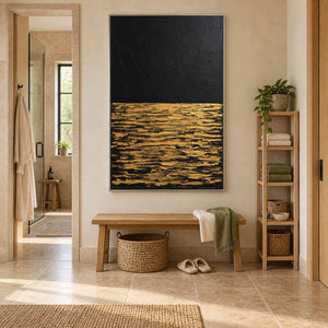 Night's Gentle Glow in a silver frame above a wood bench in the dry area beside a bathroom shower.