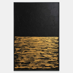 Front view of Night's Gentle Glow, a vertical abstract painting divided between a dark open field and layered gold-toned strokes below.