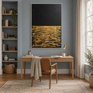 Night's Gentle Glow in a white frame above a light wood desk beside a tall window in a home study.