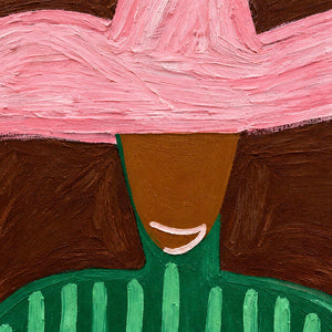 Detail of loose pink hat strokes, the brown face's curved smile, and green neckline.