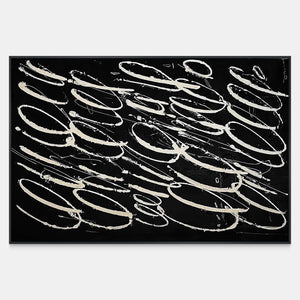 Horizontal black abstract painting with pale loops, trailing strokes, and textured marks.