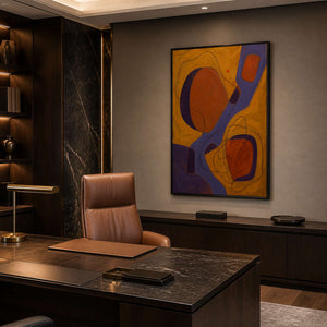 Bold warm abstract wall art displayed in a sophisticated office.