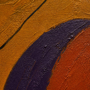 Close-up of ochre, burnt orange, and violet painted texture.