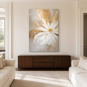 One Bloom of Joy above a walnut cabinet between cream sofas, with a large white flower and gold-toned center in a bright living room.