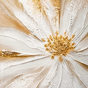 Close-up of raised white petals, fine ridges, and textured golden marks around the flower center in One Bloom of Joy.