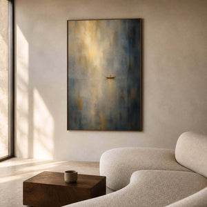 Misty boat wall art in a warm sandstone living room.