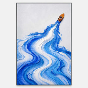 Hand-painted amber boat leaving a sweeping blue and white wake.