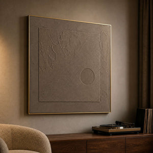 Earth-toned minimalist artwork displayed in a walnut music room.