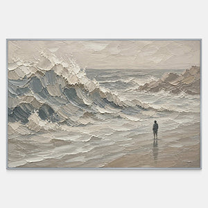 Hand-painted coastal wall art with layered ivory, gray, and slate-blue waves.