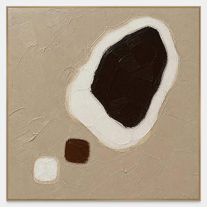 Square taupe abstract artwork with a large dark brown form edged in white and two smaller brown and white shapes.