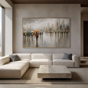 Reflective rainy city artwork displayed in a mist-gray family room.
