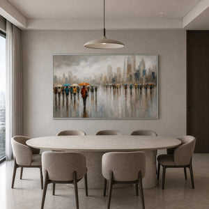 Textured rainy skyline painting displayed in a mist-gray dining room.