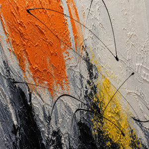 Close-up of layered orange, white, black, gray, and yellow texture with gestural lines.