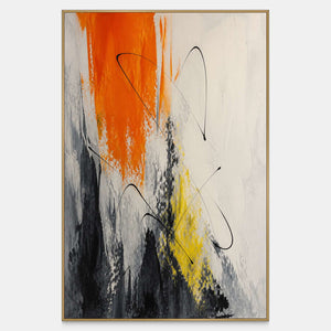 Vertical abstract artwork in orange, black, white, charcoal, and yellow.