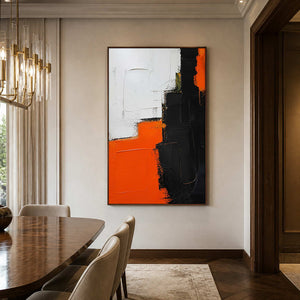 Textured geometric abstract art brings contrast to an elegant dining room.