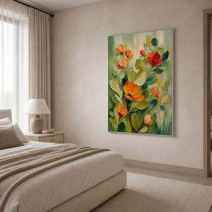 Fresh botanical painting displayed in a softly misted bedroom.