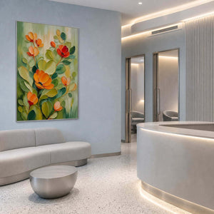Bright botanical wall art in a refined clinic waiting area.