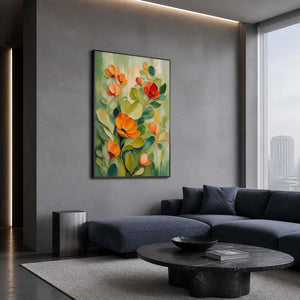 Vibrant botanical artwork in a cool gray modern living room.