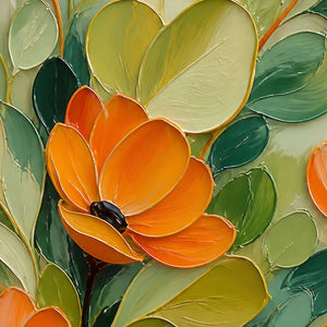 Close-up of sculptural orange petals and layered green leaves.