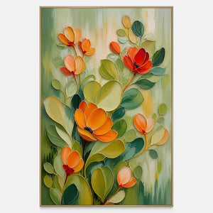 Hand-painted orange flowers rising through olive, sage, and deep green leaves.