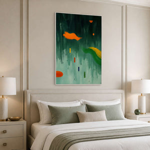 Orange Shapes Drift Through Green in a white-framed bedroom