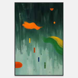 Orange Shapes Drift Through Green modern abstract wall art