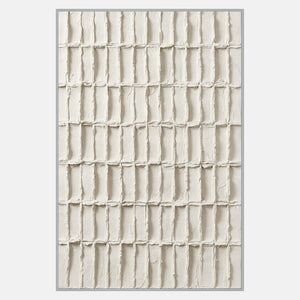 Tall ivory abstract with rows of narrow recessed rectangles and irregular raised edges.
