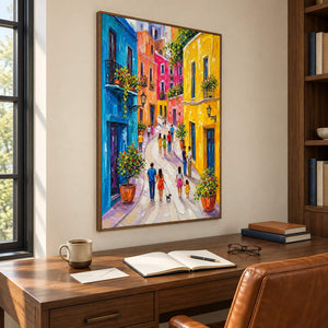 Colorful street painting with people, bright facades, and flowered balconies in a brown wood frame in a home office.