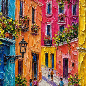 Close-up of thick palette-knife texture across colorful façades and greenery.