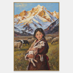 Front view of a person holding a sheep before grazing sheep and pale blue, white and ochre mountains, with a gold-colored frame.