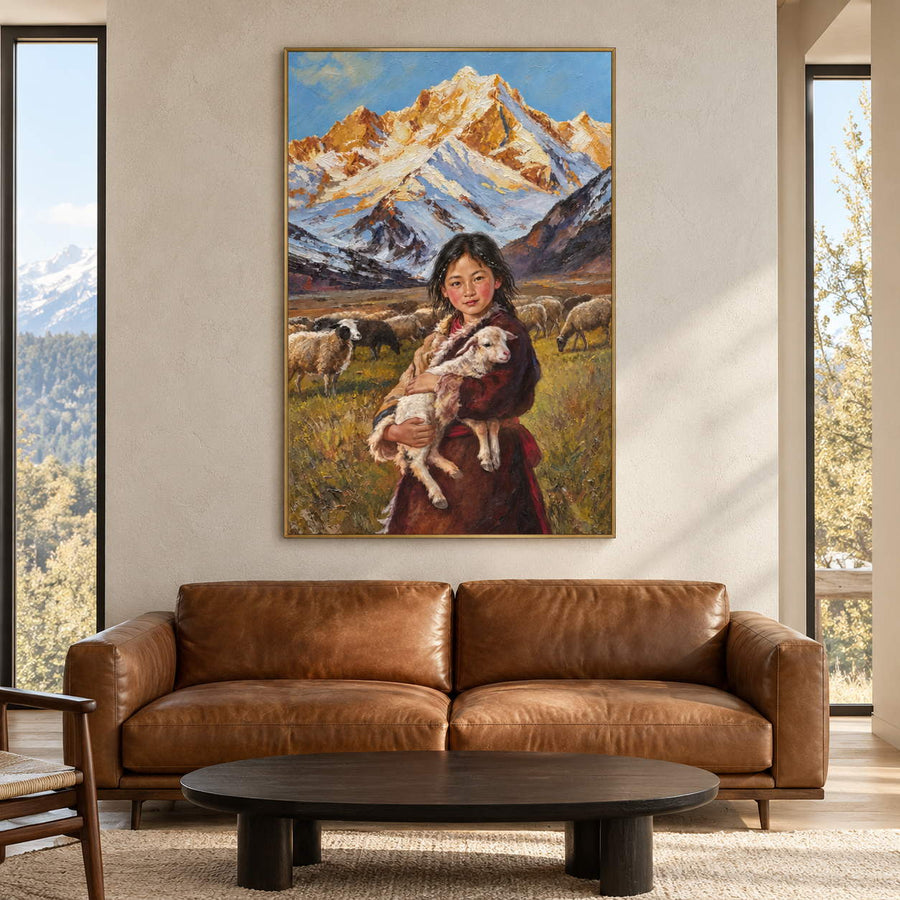 In a living room above seating, an artwork with a gold-colored frame shows a person holding a sheep before grazing sheep and pale blue, white and ochre mountains.