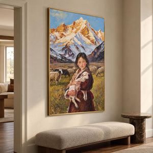 In a lounge with seating, an artwork with a gold-colored frame shows a person holding a sheep before grazing sheep and pale blue, white and ochre mountains.