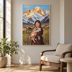Beside a reading chair, an artwork with a white frame shows a person holding a sheep before grazing sheep and pale blue, white and ochre mountains.