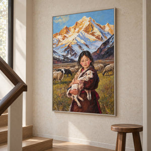 A person holding a sheep before grazing sheep and pale blue, white and ochre mountains in an artwork with a silver-colored frame, displayed beside a staircase.