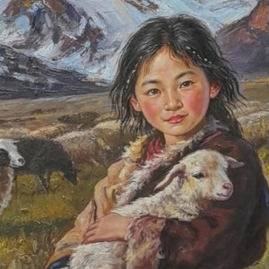 Close-up of a dark-haired person holding a pale sheep, with grass and mountains behind.
