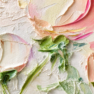 Close detail of thick pink petal folds and raised green stems on white.