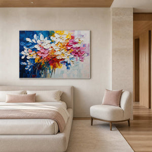 Blue and pink flower painting displayed in a warm white oak bedroom.