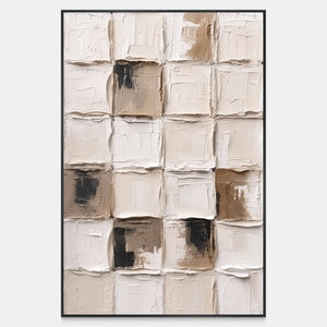 Raised cream squares form an uneven grid with taupe and small black patches.
