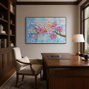 Modern blossom artwork displayed in a classic walnut office.