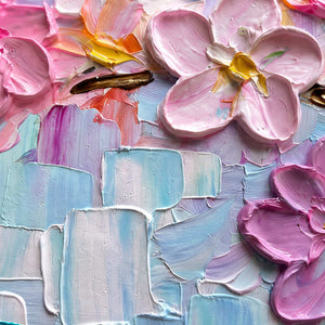 Close-up of sculpted pink petals and blue palette-knife texture.