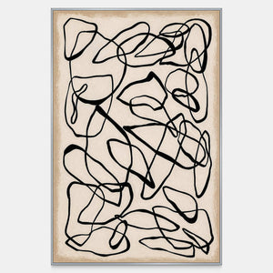 Wandering black loops cross a warm cream ground in a vertical abstract composition.