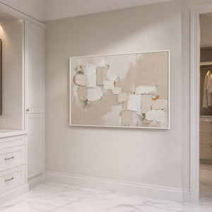 Airy ivory textured abstract wall art in a spa-like bathroom setting.