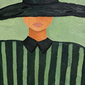 Close-up of the right figure's pink lips, black collar, and green stripes.