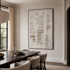 Quiet Lines Rise Through Stone in a wood-framed dining room