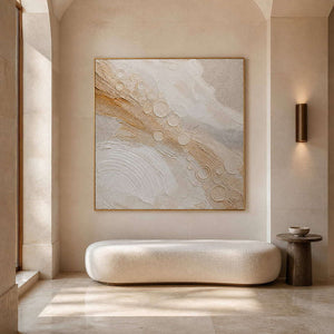 Quiet gold orbits across ivory wall art in a contemporary living room.