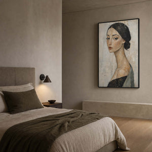 Modern Portrait Wall Art displayed in a refined bedroom.