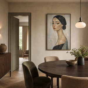Modern Portrait Wall Art displayed in a refined dining room.